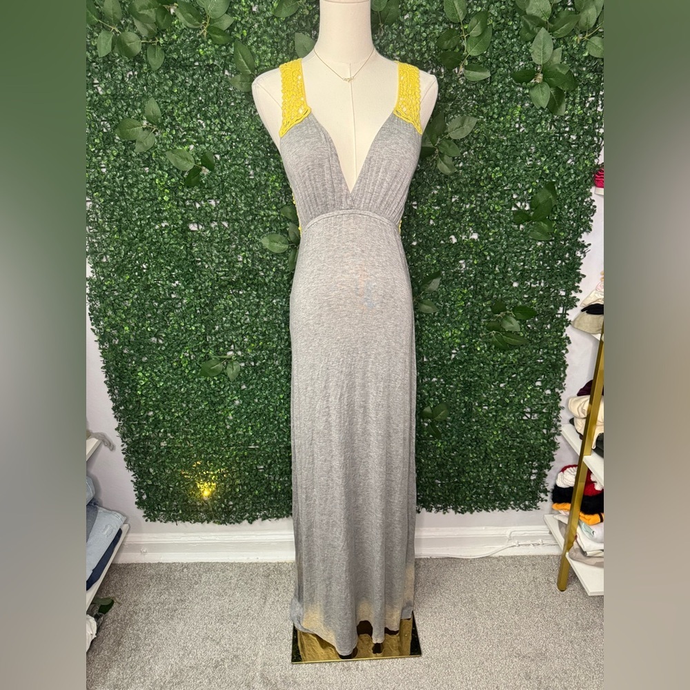 Aqua Gray Maxi Dress with Yellow Crochet